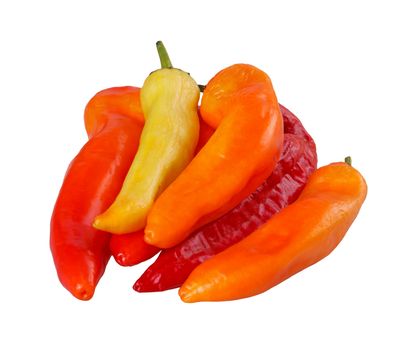 Mixed group of ripe red, yellow and orange medium hot banana peppers (Capsicum annuum) isolated against a white background