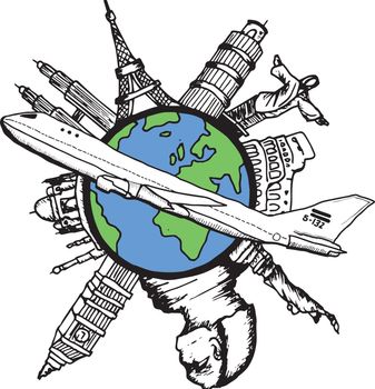 Aviation and travel doodle on white background
