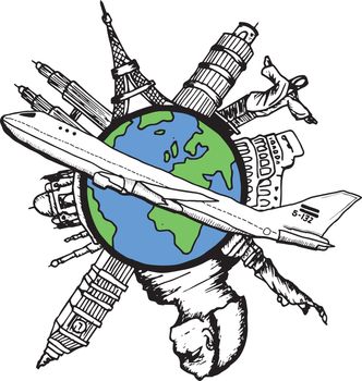 Aviation and travel doodles on white background