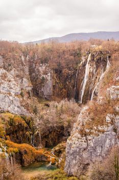 Beautiful majestic waterfall in the scenery of Plitvice Lakes