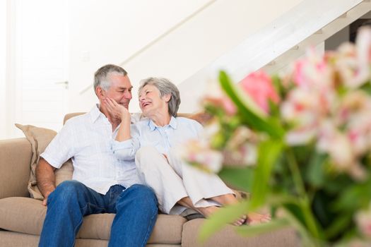 Loving senior couple relaxing on sofa at home