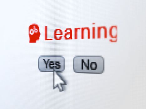 Education concept: buttons yes and no with pixelated Head With Gears icon, word Learning and Arrow cursor on digital computer screen, selected focus 3d render