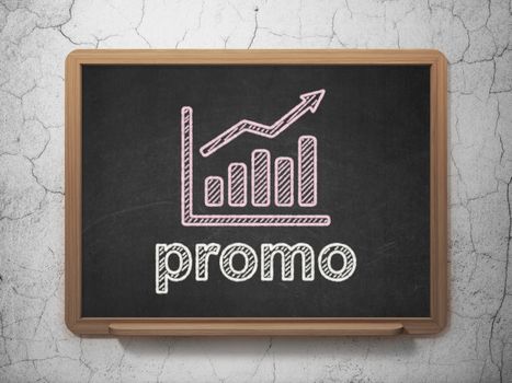 Marketing concept: Growth Graph icon and text Promo on Black chalkboard on grunge wall background, 3d render