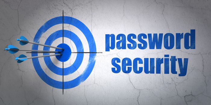Success protection concept: arrows hitting the center of target, Blue Password Security on wall background, 3d render