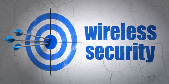 Success privacy concept: arrows hitting the center of target, Blue Wireless Security on wall background, 3d render