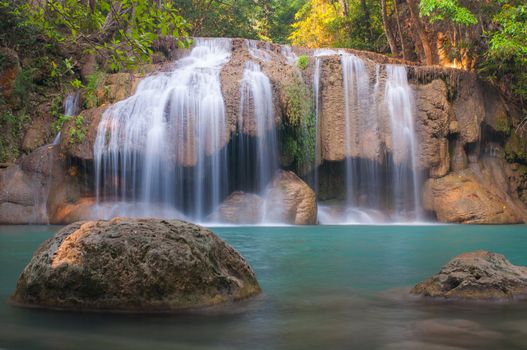 Waterfall deep forest  at Erawan waterfall National Park Kanchanaburi of Thailand