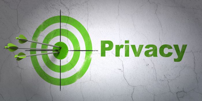 Success protection concept: arrows hitting the center of target, Green Privacy on wall background, 3d render