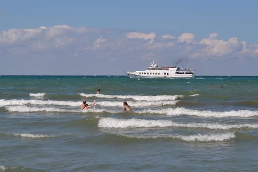 The walking boat in the sea. Good flying weather