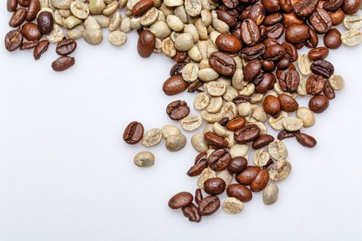 Grain roasted green and black coffee photographed closeup background