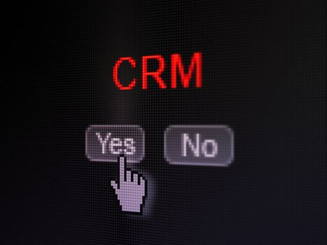 Business concept: buttons yes and no with pixelated word CRM and Hand cursor on digital computer screen, selected focus 3d render