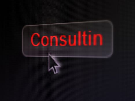 Finance concept: pixelated words Consulting on button with Arrow cursor on digital computer screen background, selected focus 3d render