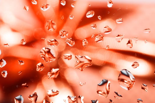 red abstract background with water drops on glass with ribbon in background 