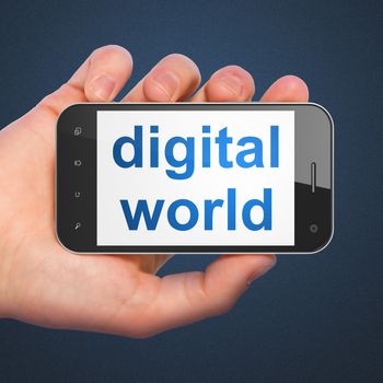 Information concept: hand holding smartphone with word Digital World on display. Mobile smart phone on Blue background, 3d render