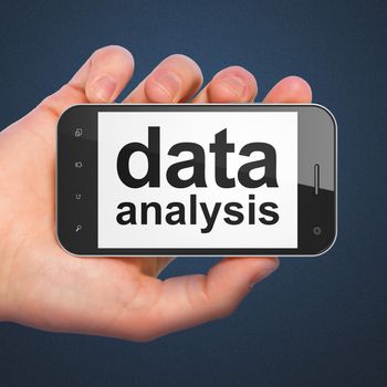 Information concept: hand holding smartphone with word Data Analysis on display. Mobile smart phone on Blue background, 3d render