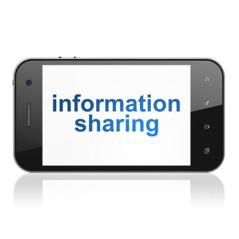 Information concept: smartphone with text Information Sharing on display. Mobile smart phone on White background, cell phone 3d render