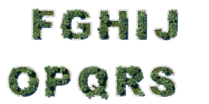Trees and grass font with grey cubing border. letters collection