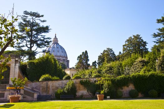 View at Saint Peter church from Vatican garden in Rome, Italy