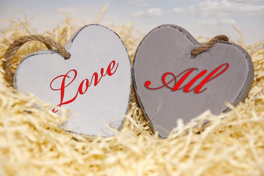 two wooden hearts in a love nest made of straw on a wooden background