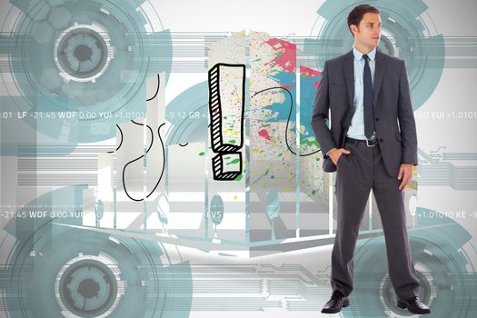 Serious businessman with hand in pocket against technology wheel background