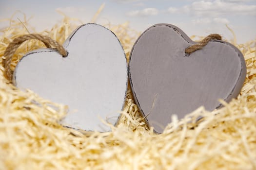 two wooden hearts in a love nest made of straw