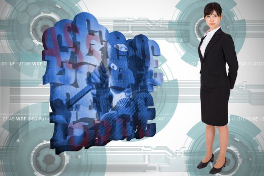 Serious businesswoman against technology wheel background