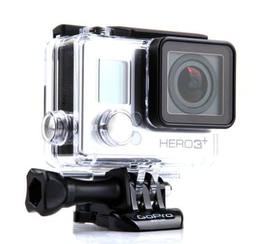 AYTOS, BULGARIA - FEBRUARI 17, 2014: GoPro HERO3+ Black Edition isolated on white background. GoPro is a brand of high-definition personal cameras, often used in extreme action video photography.