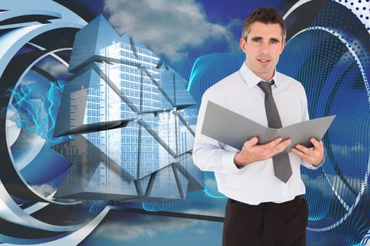 Portrait of a man holding a binder against abstract blue design in futuristic structure