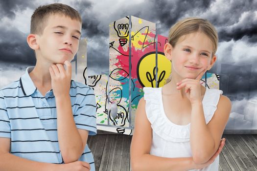 Thoughtful brother and sister posing together against sky painted on wall