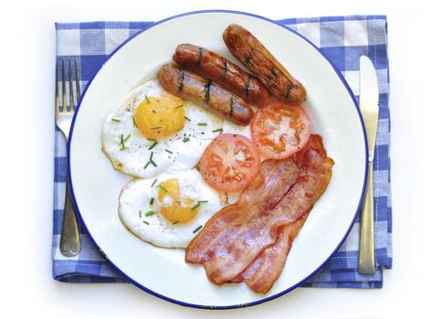 Fried eggs, sausages and bacon on a plate over a white background