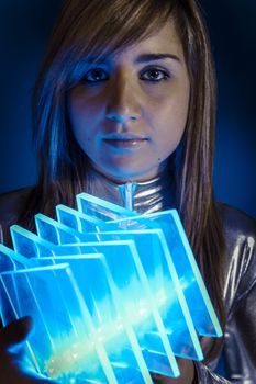 Technology.Fiber Optic concept, woman with modern lights