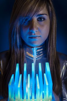 Keyboard.Fiber Optic concept, woman with modern lights