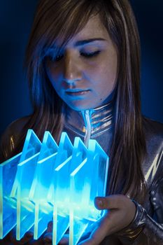 Technology.Fiber Optic concept, woman with modern lights