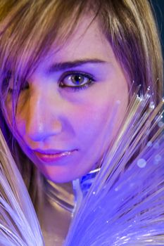 Internet.Fiber Optic concept, woman with modern lights