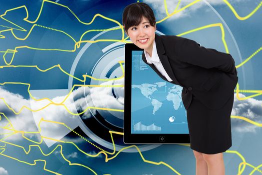 Smiling businesswoman bending against abstract yellow line design on blue sky