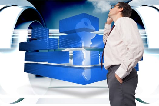 Thinking businessman touching his glasses against abstract cloud design in futuristic structure