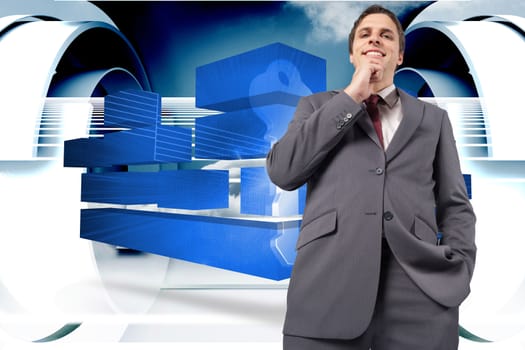 Thoughtful businessman with hand on chin against abstract cloud design in futuristic structure