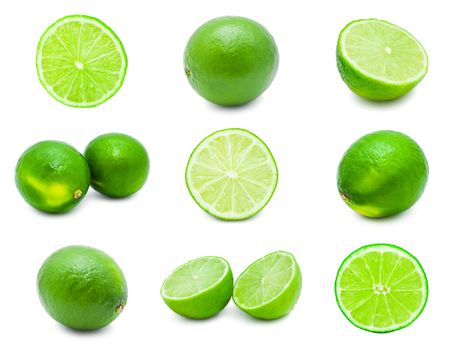 Collection of fresh green limes isolated on white background