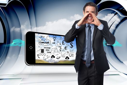 Shouting businessman against abstract blue cloud design in futuristic structure