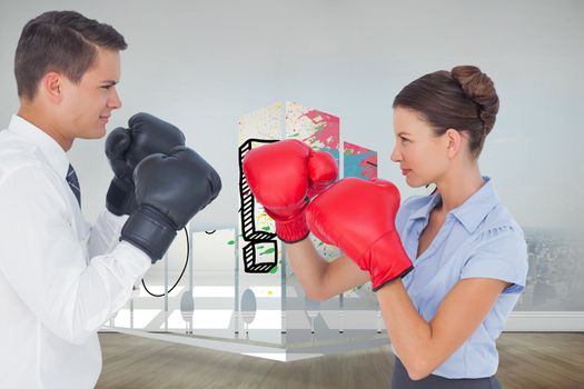 Colleagues in competition having a boxing match against city scene in a room
