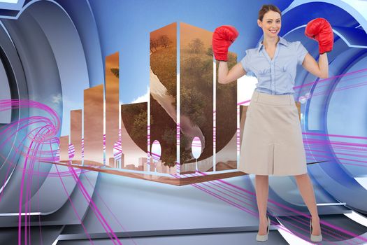 Buisnesswoman posing with boxing gloves against abstract pink design in futuristic structure