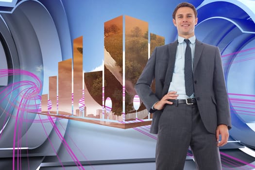 Cheerful businessman with hand on hip against abstract pink design in futuristic structure