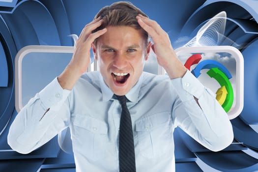 Stressed businessman shouting against abstract linear design in blue and white