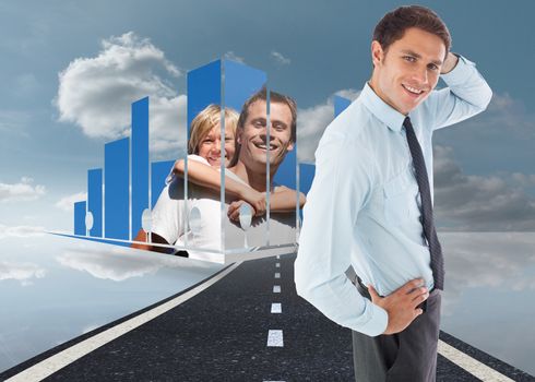 Thinking businessman scratching head against road over water reflecting sky