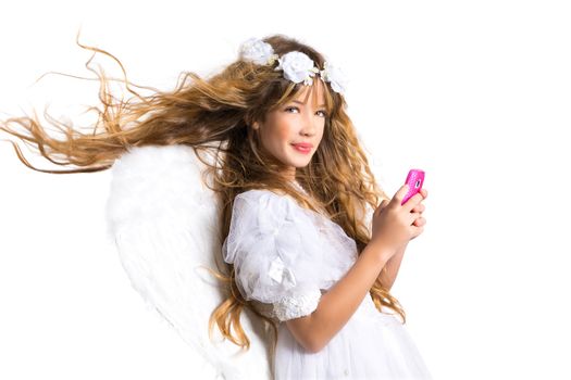Angel blond girl with mobile smartphone and feather wings on white byod to heaven