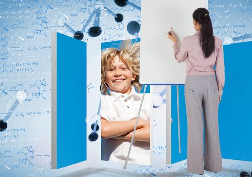 Businesswoman painting on an easel against notes of biotechnology and genes