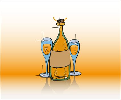 Vector illustration shows composition of bubbly bottle and two full glasses