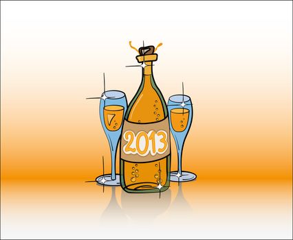 Vector illustration shows composition with 2013 year label bottle of bubbly and two full glasses.