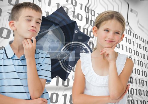 Thoughtful brother and sister posing together against binary code on circuit board