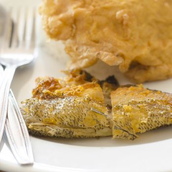 fried fish and omelet in dish with spoon and fork