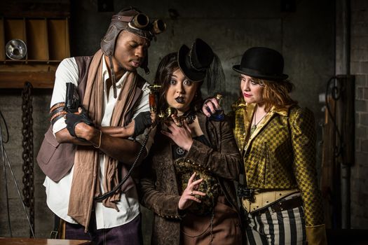 Three Steampunks with Underground Lair with Retro Phone